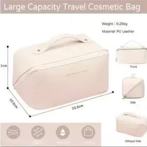 Large Capacity Cosmetic Travel Bag – Women’s Leather Makeup Organizer with Handle and Divider, Cream. ( white, Free Size ).