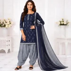 Women's Printed Crepe Suit Dress Material with Chiffon Dupatta – Unstitched 3-Piece Ethnic Suit Set ( Navy Blue, Un Stitched )