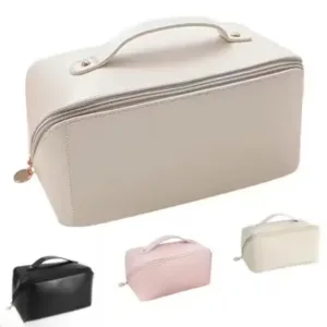 Large Capacity Cosmetic Travel Bag – Women’s Leather Makeup Organizer with Handle and Divider, Cream. ( white, Free Size ).