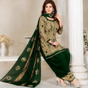 Women's French Crepe Printed Designer Suit Dress Material with Nazneen Dupatta – Unstitched 3-Piece Set ( green, Un Stitched )