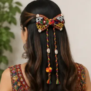 Set of 2 Navratri Hair Bow Alligator Clips – Handmade Multicolor Braided Ethnic Hair Accessories with Pom-Poms & Cowrie Shells ( multicolor, OS )