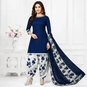Women's Printed Crepe Suit Dress Material with Chiffon Dupatta – Unstitched 3-Piece Ethnic Suit Set ( blue, Un Stitched )