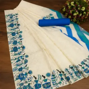 Silk Saree with Blouse, Khadi Silk Designer Printed Saree for Women, 1 Pc ( white, Free Size )