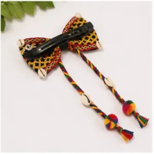 Set of 2 Navratri Hair Bow Alligator Clips – Handmade Multicolor Braided Ethnic Hair Accessories with Pom-Poms & Cowrie Shells ( multicolor, OS )