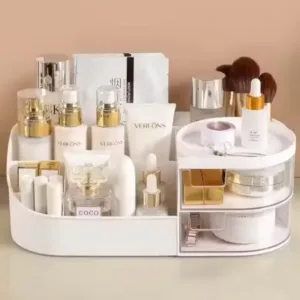Cosmetic Organizer Box with Drawers – Plastic Makeup & Stationery Storage for Women, Off-White. ( white, Free Size ).