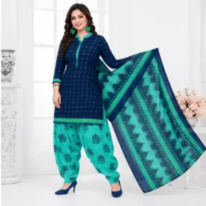 Women's Printed Crepe Suit Dress Material with Chiffon Dupatta – Unstitched 3-Piece Ethnic Suit Set ( Firozi, Un Stitched )