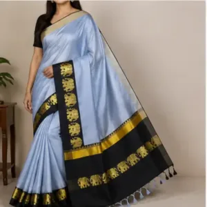 Elephant Design Cotton Silk Saree with Running Blouse Piece ( grey, Free Size )