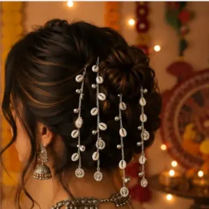 Navratri Silver Hair Clips with Kori & Ghoongroo – Set of 5 Traditional Ethnic Hair Accessories ( silver, OS )