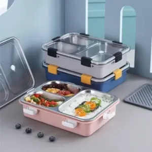 3 Compartment Stainless Steel Lunch Box – Leak-Resistant Food Storage Tiffin with Secure Locking Lid for School, Office & Travel ( multicolor, OS )