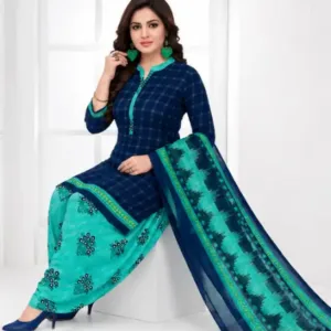 Women's Printed Crepe Suit Dress Material with Chiffon Dupatta – Unstitched 3-Piece Ethnic Suit Set ( Firozi, Un Stitched )