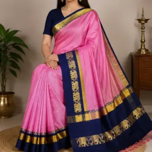 Elephant Design Cotton Silk Saree with Running Blouse Piece ( pink, Free Size )