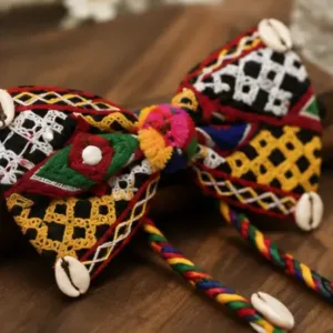 Set of 2 Navratri Hair Bow Alligator Clips – Handmade Multicolor Braided Ethnic Hair Accessories with Pom-Poms & Cowrie Shells ( multicolor, OS )