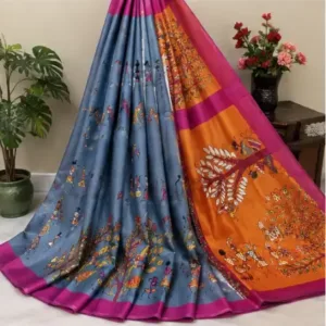 Silk Saree with Blouse, Khadi Silk Designer Printed Saree for Women,1 Pc ( grey, Free Size )