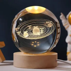3D Crystal Ball Night Lamp with Solar System Design and Wooden Base ( default, OS )