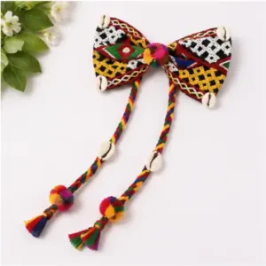 Set of 2 Navratri Hair Bow Alligator Clips – Handmade Multicolor Braided Ethnic Hair Accessories with Pom-Poms & Cowrie Shells ( multicolor, OS )