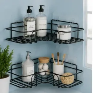 Self Adhesive Metal Corner Shelf for Bathroom & Kitchen | Wall Mounted L-Shape Storage Rack (Pack of 2) ( default, OS )