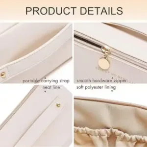 Large Capacity Cosmetic Travel Bag – Women’s Leather Makeup Organizer with Handle and Divider, Cream. ( white, Free Size ).