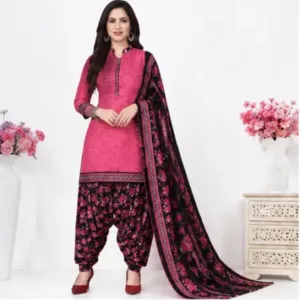 Women's Printed Crepe Suit Dress Material with Chiffon Dupatta – Unstitched 3-Piece Ethnic Suit Set ( pink, Un Stitched )