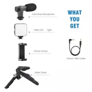 Vlogging Kit for Video Making with Mic Mini Tripod Stand, LED Light & Phone Holder Clip for Making Videos ( default, Standard ).