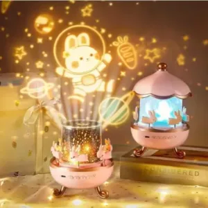 Galaxy Bunny Carousel Star Night Projector Lamp 360° Rotating LED Night Light with Music and 6 Projection Films USB Rechargeable Nursery Lamp for Kids Bedroom Decor ( default, OS )