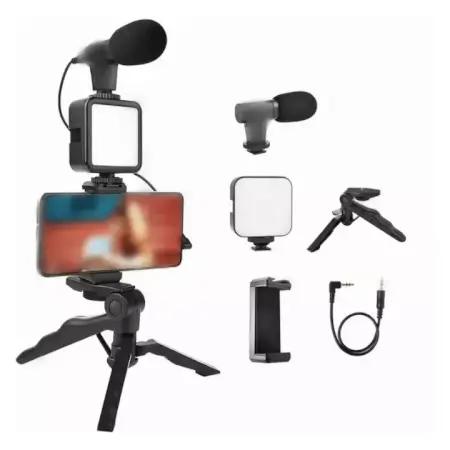 YAvyQE5mEoyElfSvo3OQb9aB5mOFVjRhdS8DyWEV.webp Vlogging Kit for Video Making with Mic Mini Tripod Stand, LED Light & Phone Holder Clip for Making Videos ( default, Standard ).
